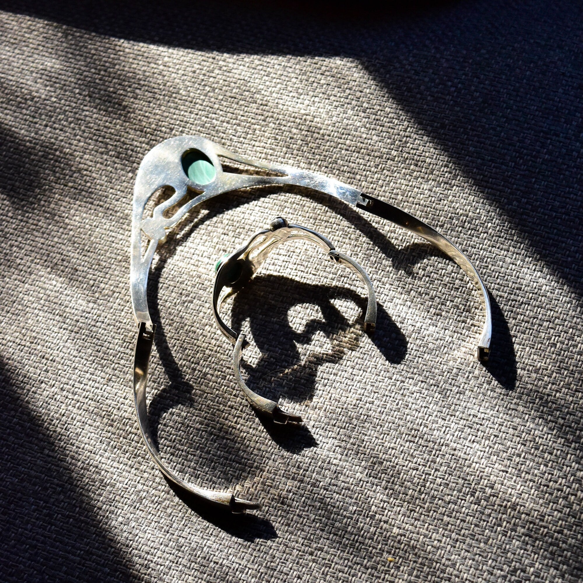 Modernist TAXCO Alicia Mexico 950 Sterling Silver Malachite Black Onyx Choker Necklace & Matching Cuff Bracelet
