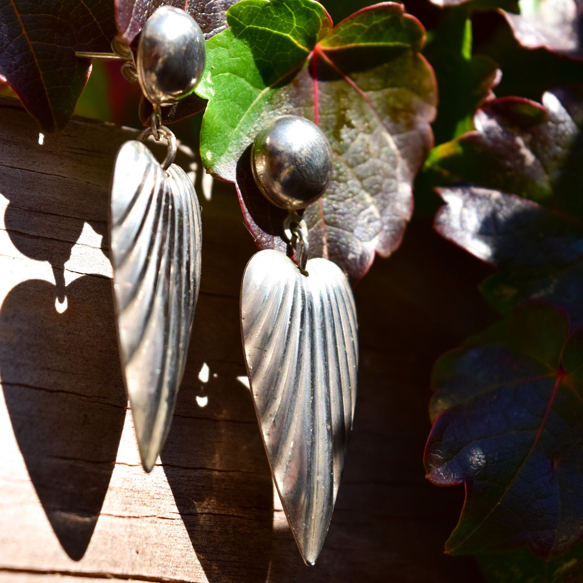 Elegant Sterling Silver Ribbed Dangle Earrings, Wing/Feather Motif, Lightweight, Vintage Earrings, 48mm