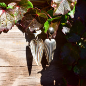 Elegant Sterling Silver Ribbed Dangle Earrings, Wing/Feather Motif, Lightweight, Vintage Earrings, 48mm