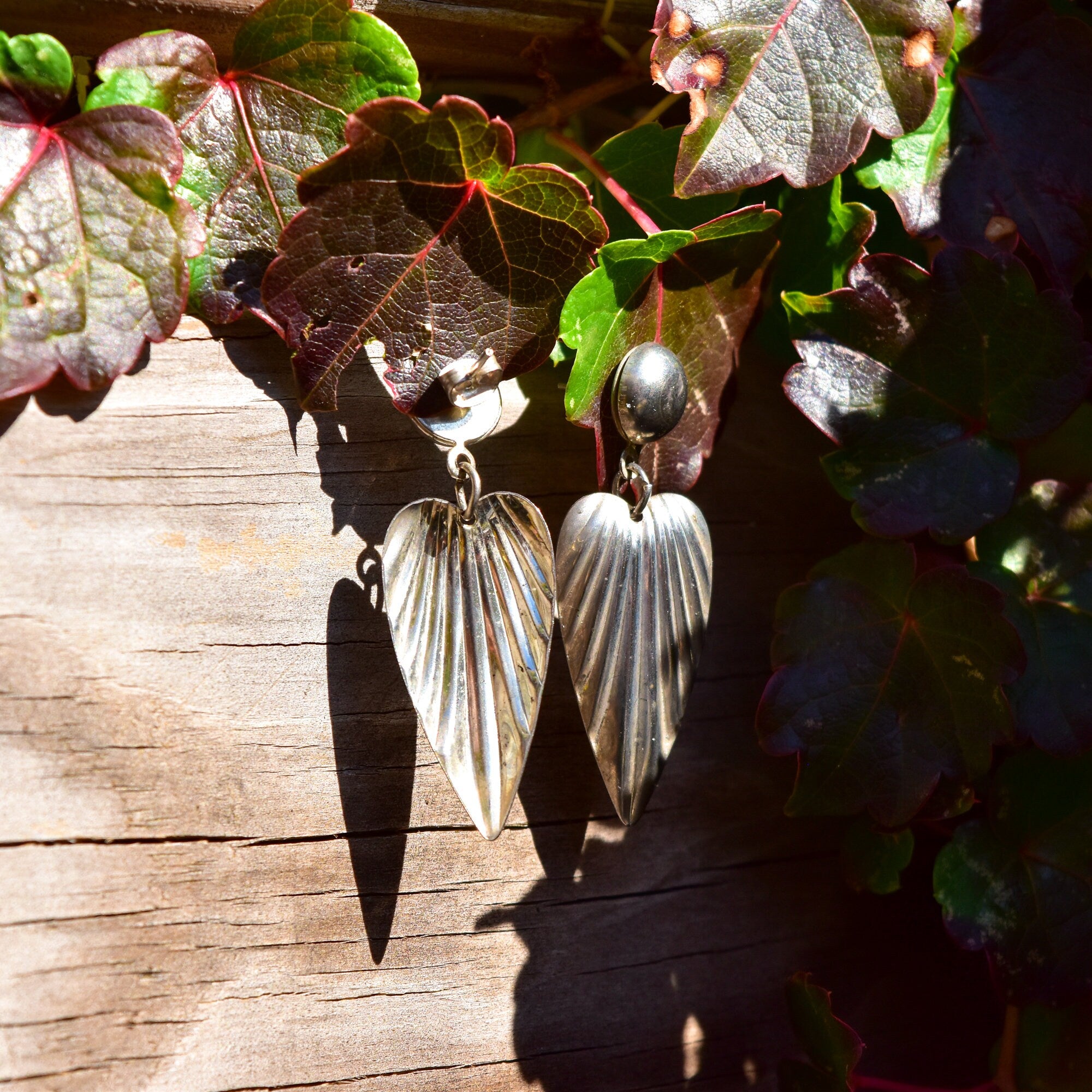 Elegant Sterling Silver Ribbed Dangle Earrings, Wing/Feather Motif, Lightweight, Vintage Earrings, 48mm