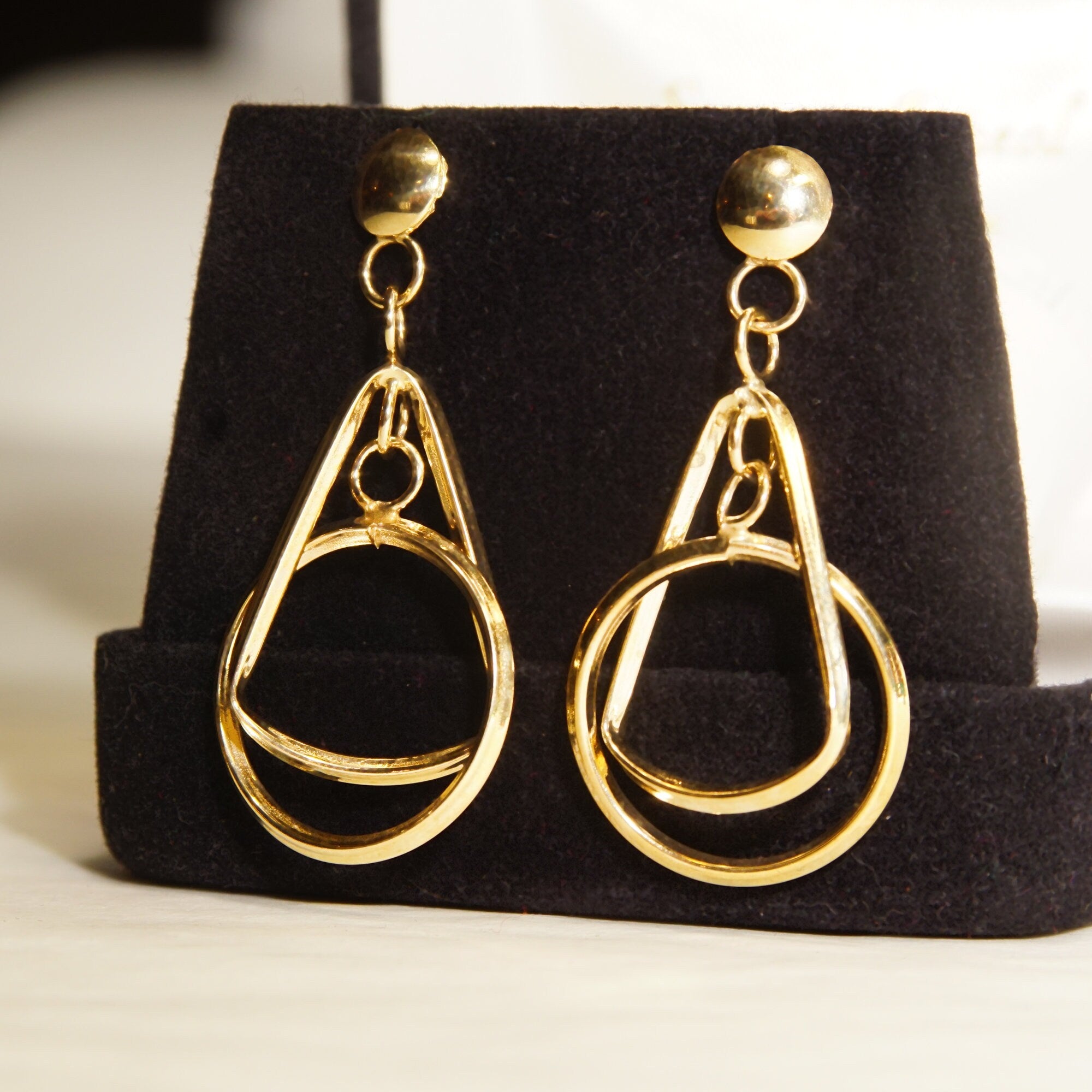 Modernist 14K Geometric Dangle Earrings In Yellow Gold, Concentric Multi-Shape Pierced Dangle Earrings, 42mm