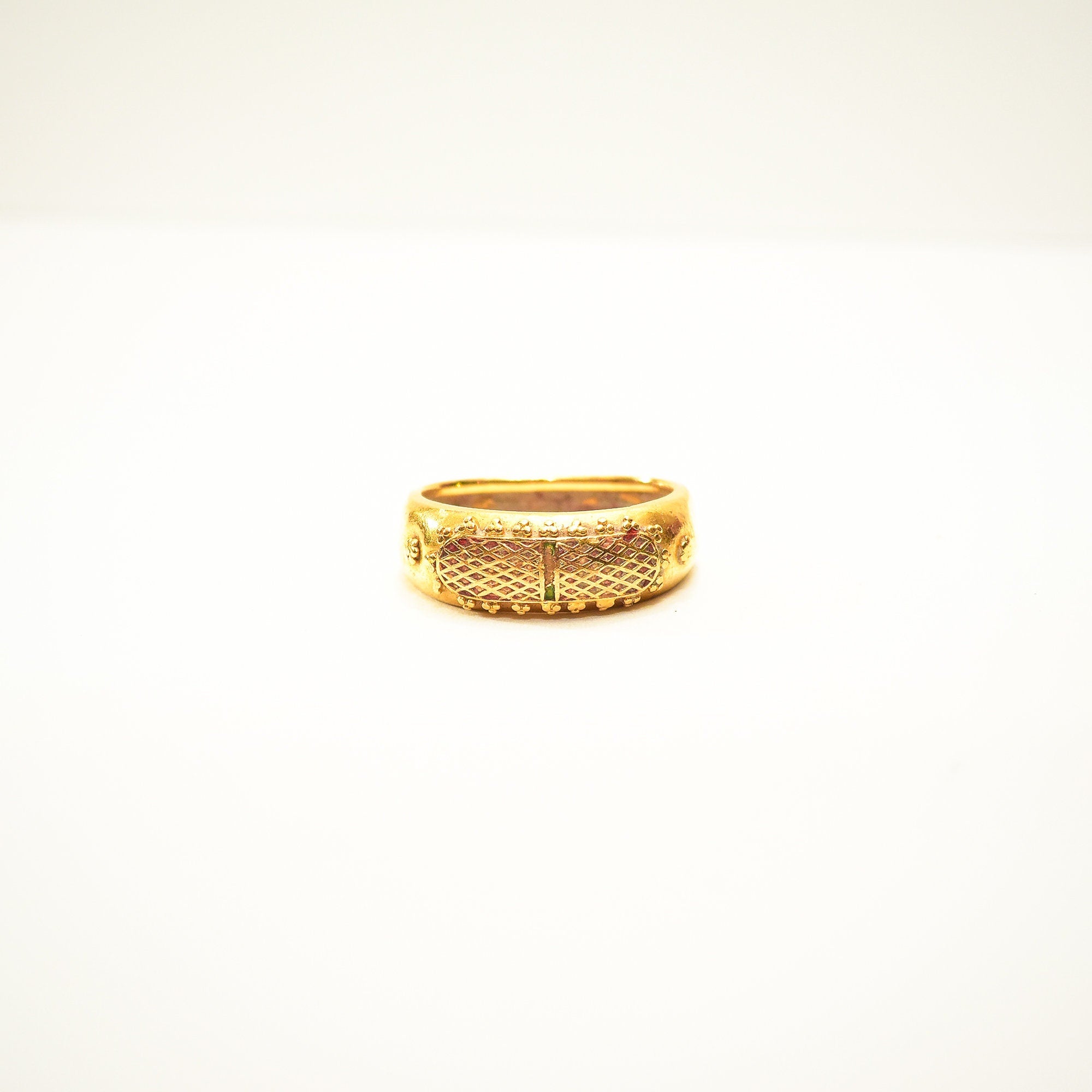 Etruscan-Style 22K Yellow Gold Ring, Previously Enameled, Raised Details, Stacking Ring, Estate Jewelry, Size 6 US