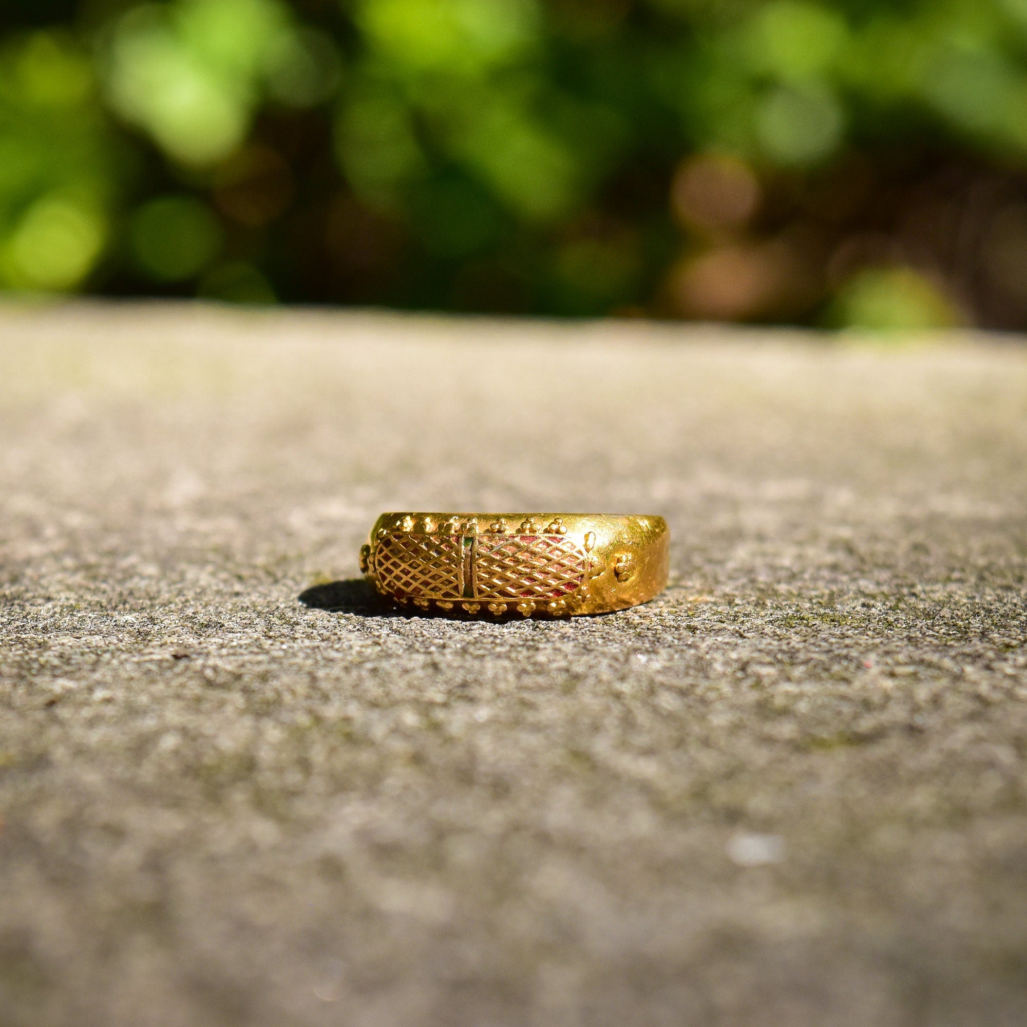 Etruscan-Style 22K Yellow Gold Ring, Previously Enameled, Raised Details, Stacking Ring, Estate Jewelry, Size 6 US