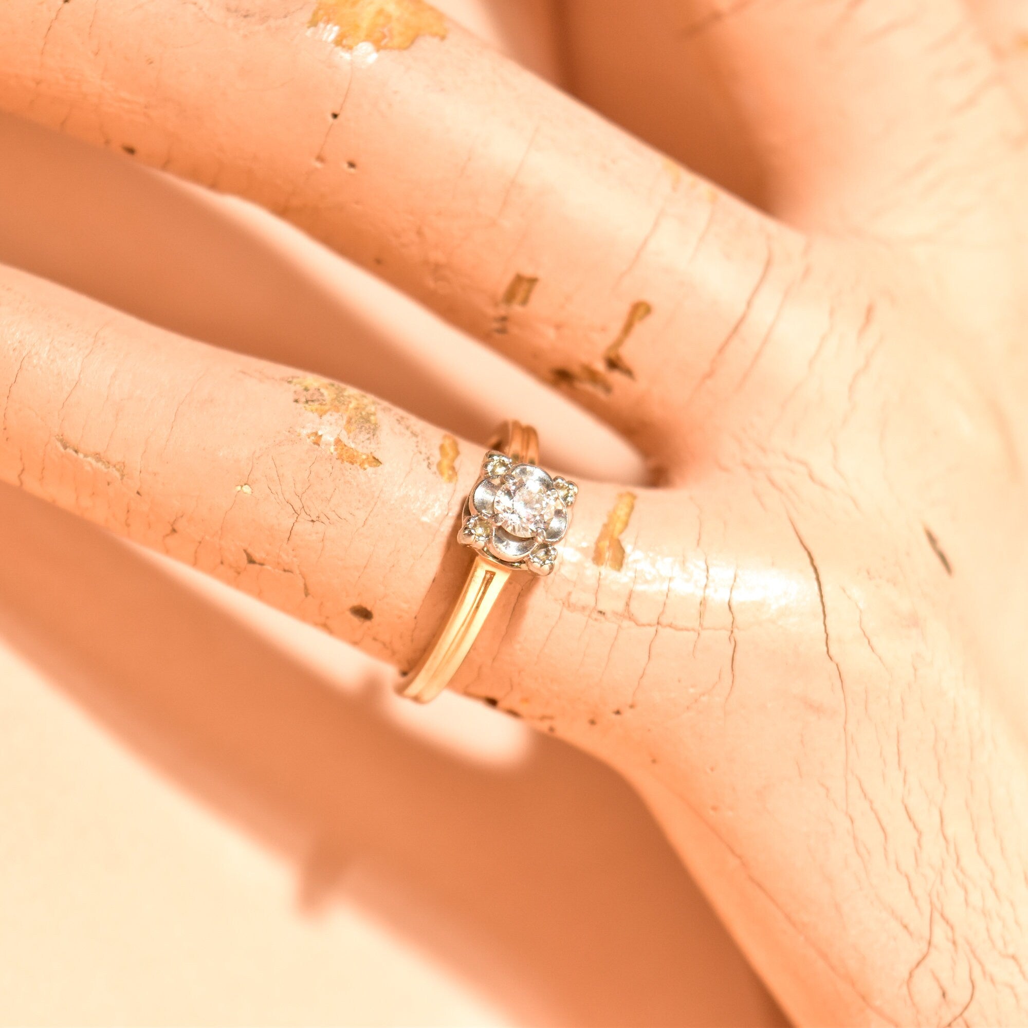 1940's Jabel 14K Diamond Engagement Ring, Two-Tone Diamond Solitaire Ring, .21 CT Estate Jewelry, 5 US