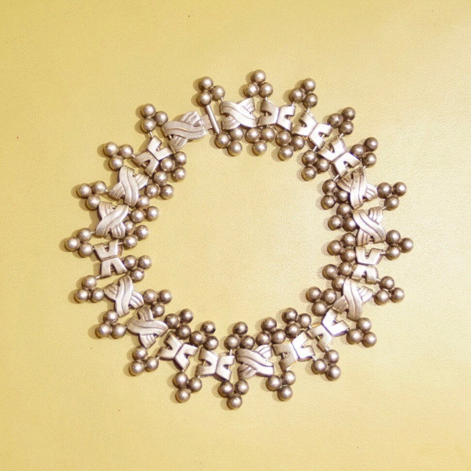 Hector Aguilar TAXCO 940 Sterling Silver Festoon Necklace, Chunky Silver X-Link Bead Collar Necklace, 16 1/2" L