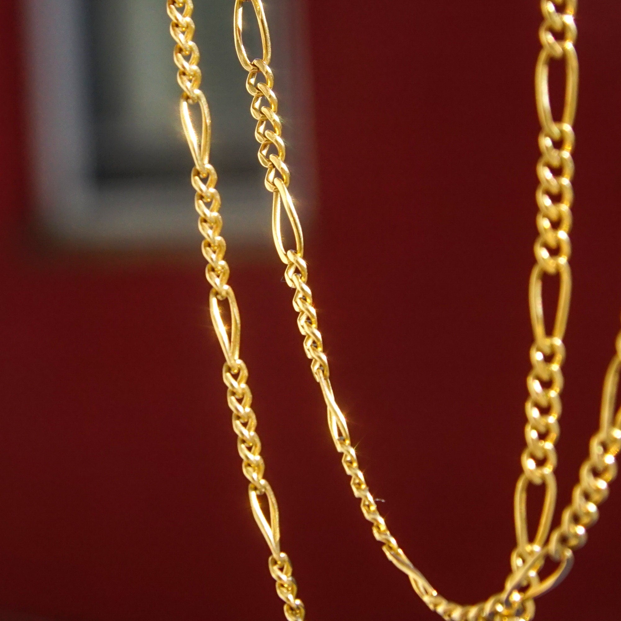 Italian 18K Figaro Chain In Solid Yellow Gold, 2.5mm Gold Link Necklace, Estate Jewelry, 750 Hallmark, 17" L