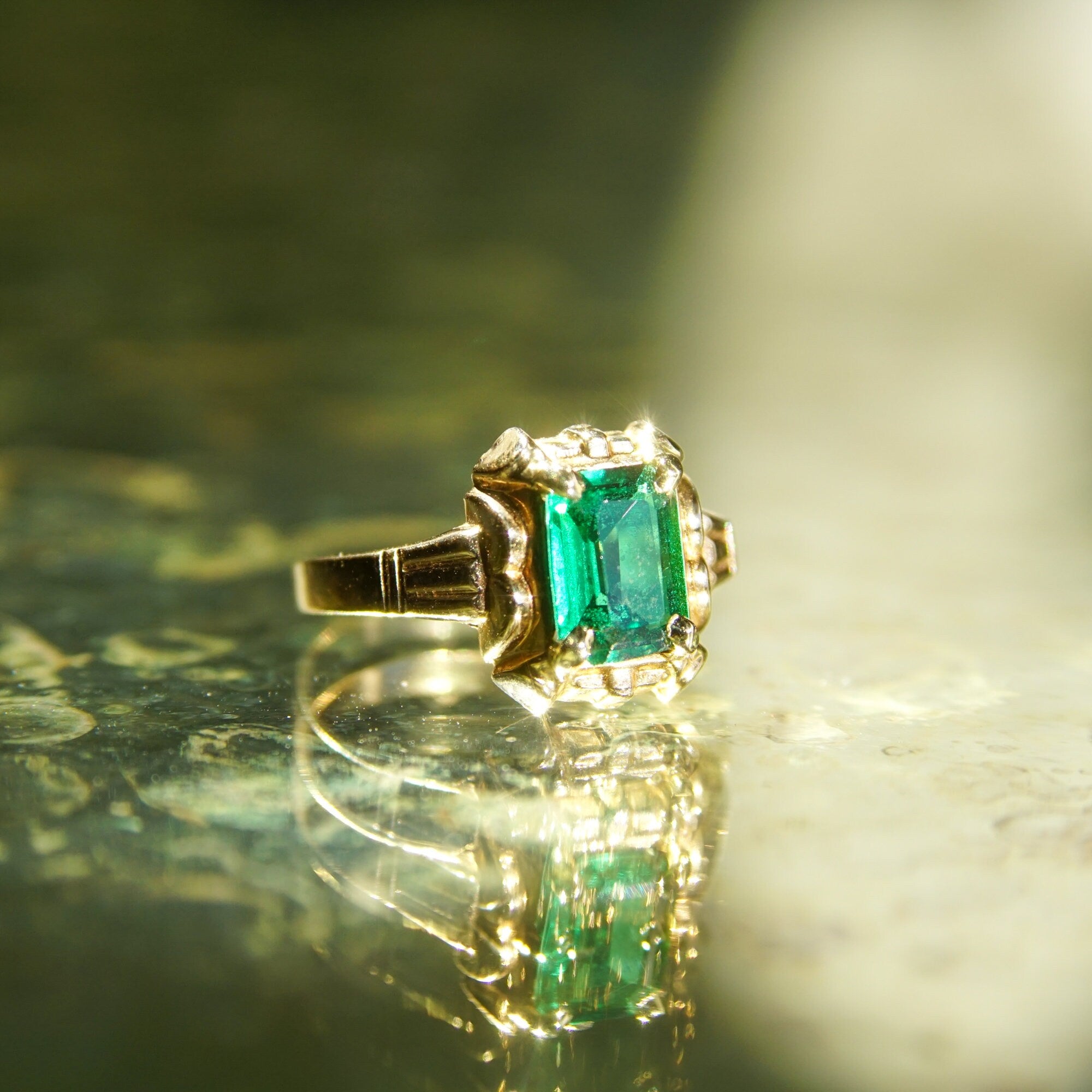 Mid-Century 10K Emerald Ring, Petite Yellow Gold Ring, Emerald-Cut Gemstone, Pinky Ring, Estate Jewelry, 4 1/4 US