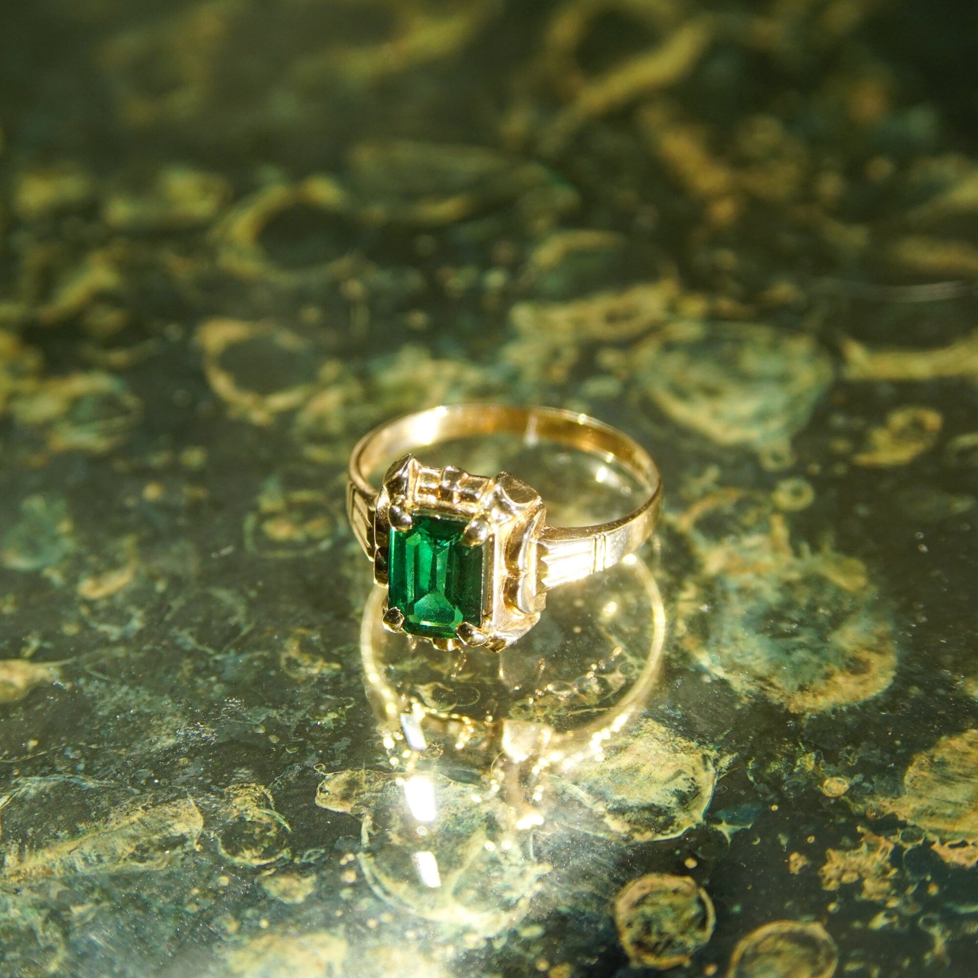 Mid-Century 10K Emerald Ring, Petite Yellow Gold Ring, Emerald-Cut Gemstone, Pinky Ring, Estate Jewelry, 4 1/4 US