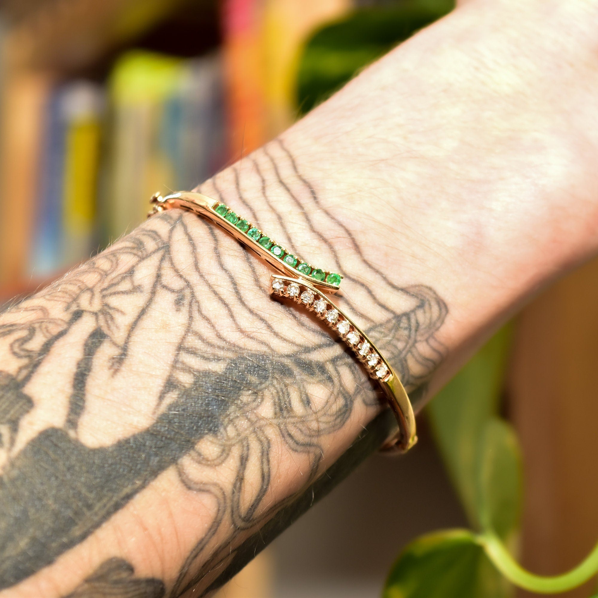 Natural Emerald Diamond Bypass Bangle Bracelet In 14K Gold