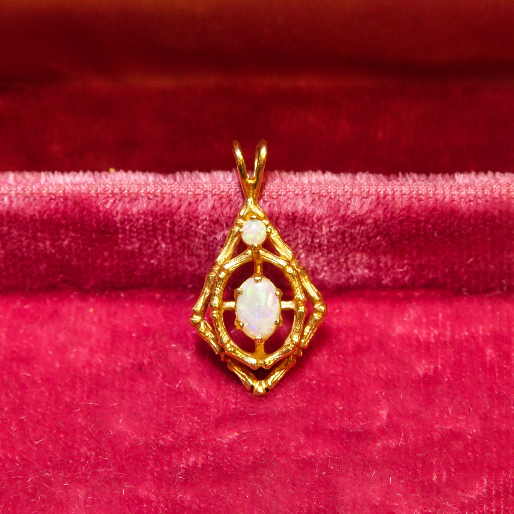 10K Opal Pendant In Yellow Gold, Bamboo Motif, White Opal Cabochons, 2-Stone Pendant, Estate Jewelry, 26mm