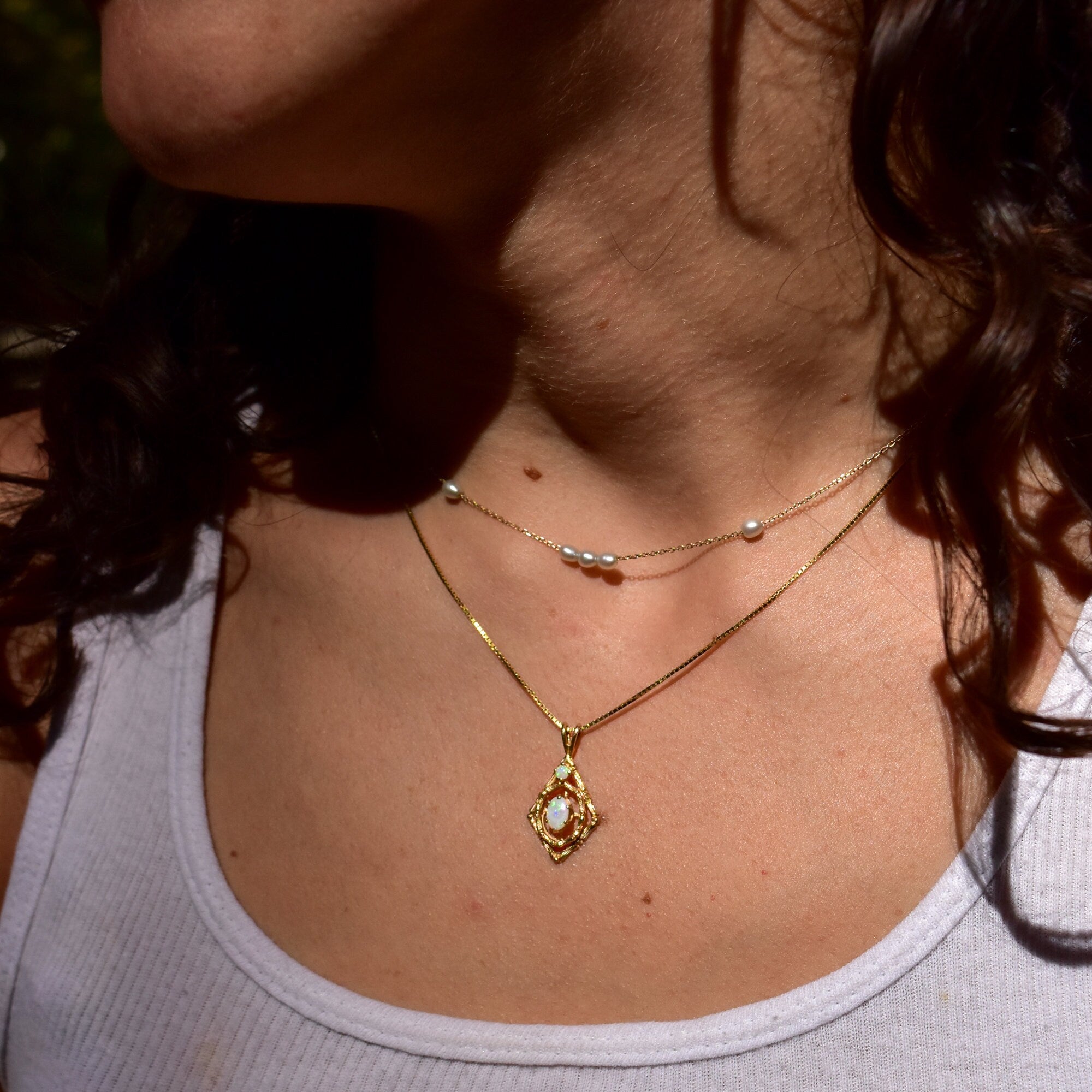 10K Opal Pendant In Yellow Gold, Bamboo Motif, White Opal Cabochons, 2-Stone Pendant, Estate Jewelry, 26mm