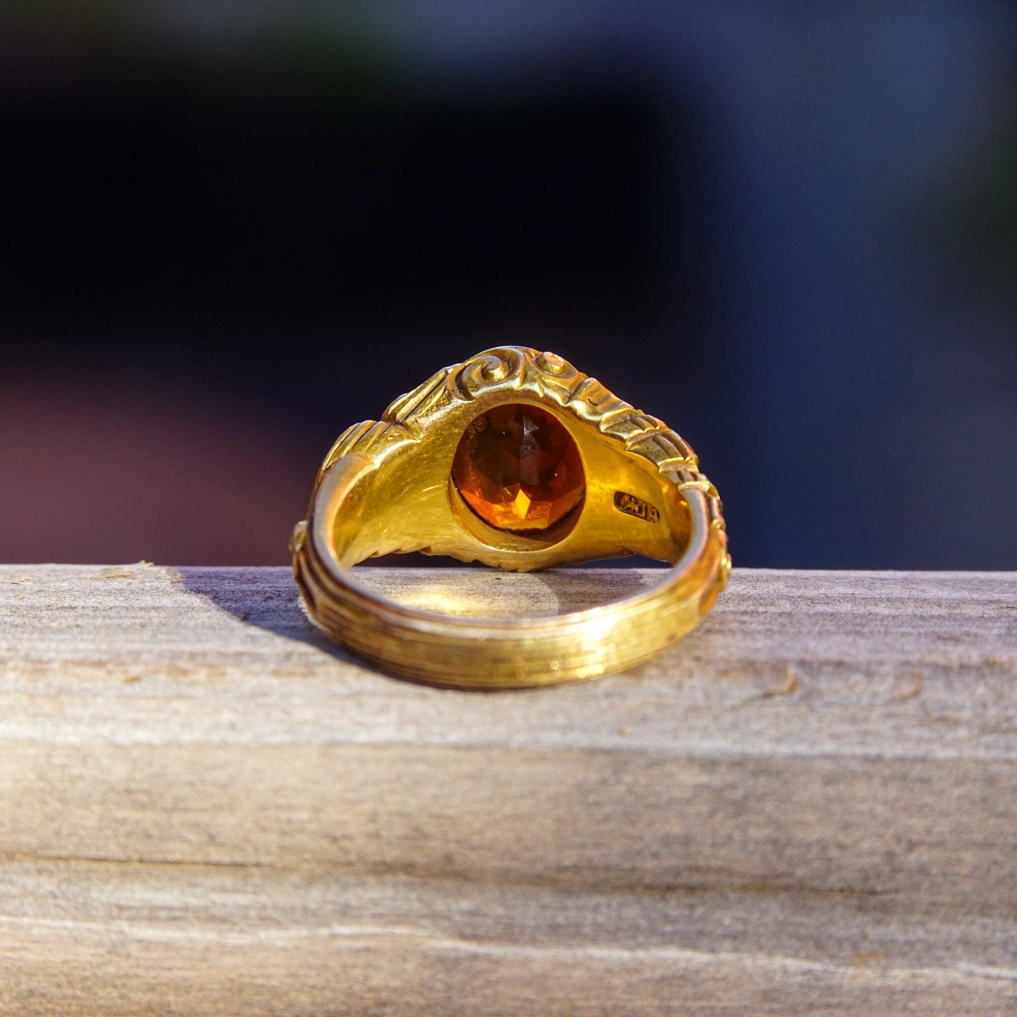 Art Nouveau Citrine Ring In 14k Yellow Gold, Gold Leaf Motifs, Amber Citrine Signet Ring, Estate Jewelry, 5 1/2 US