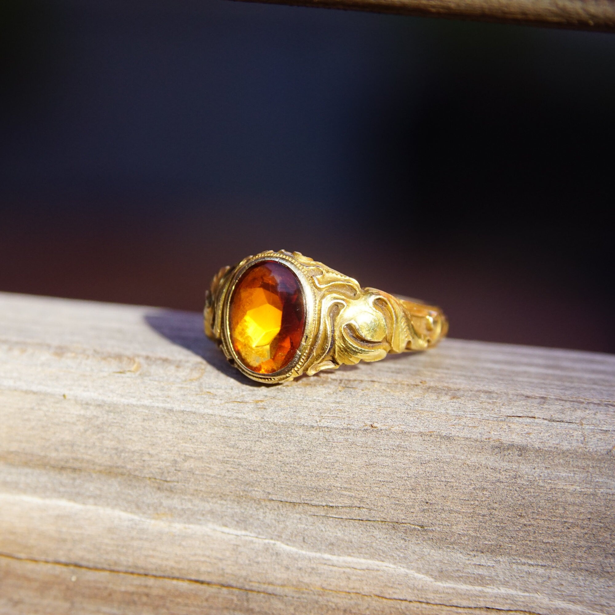 Art Nouveau Citrine Ring In 14k Yellow Gold, Gold Leaf Motifs, Amber Citrine Signet Ring, Estate Jewelry, 5 1/2 US