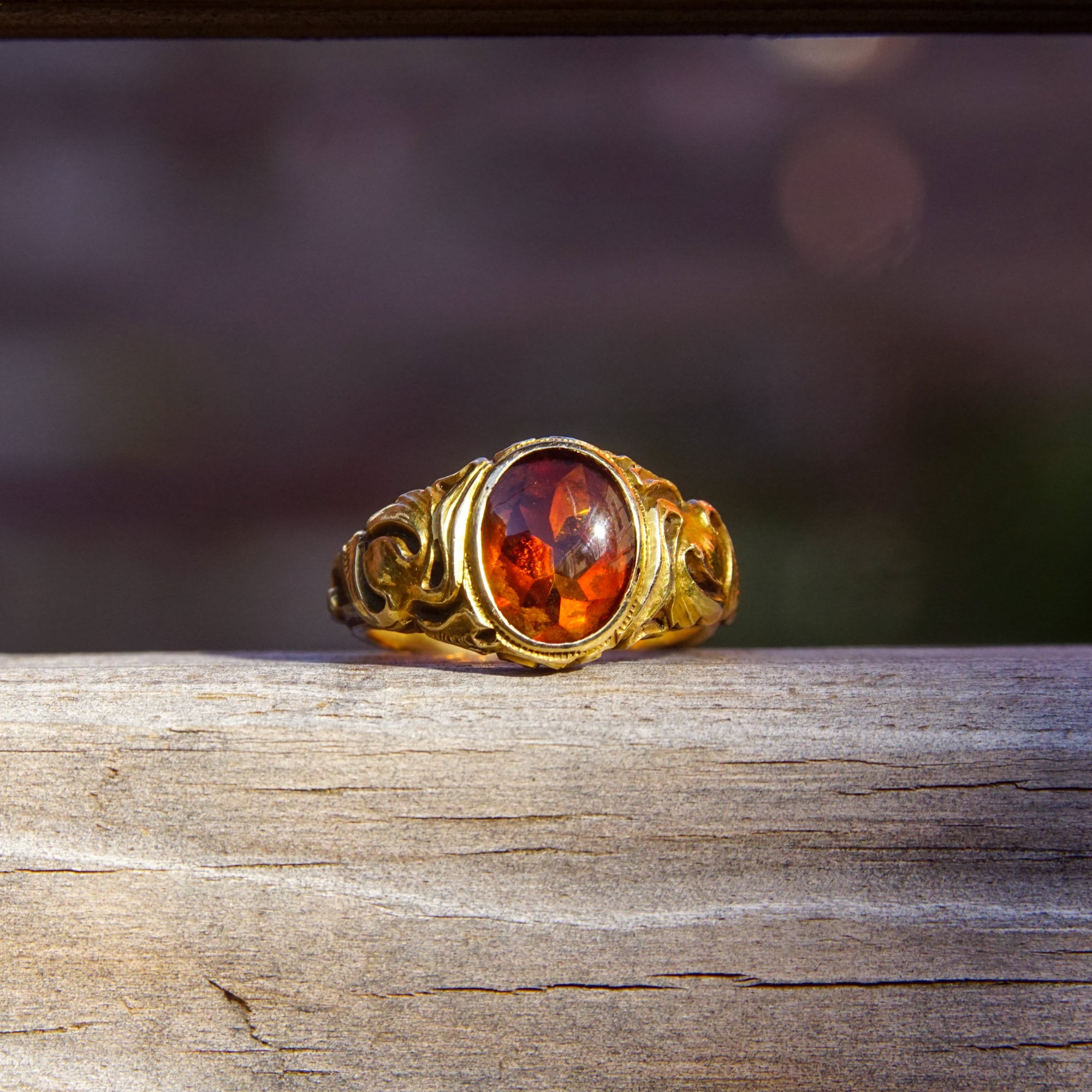 Art Nouveau Citrine Ring In 14k Yellow Gold, Gold Leaf Motifs, Amber Citrine Signet Ring, Estate Jewelry, 5 1/2 US