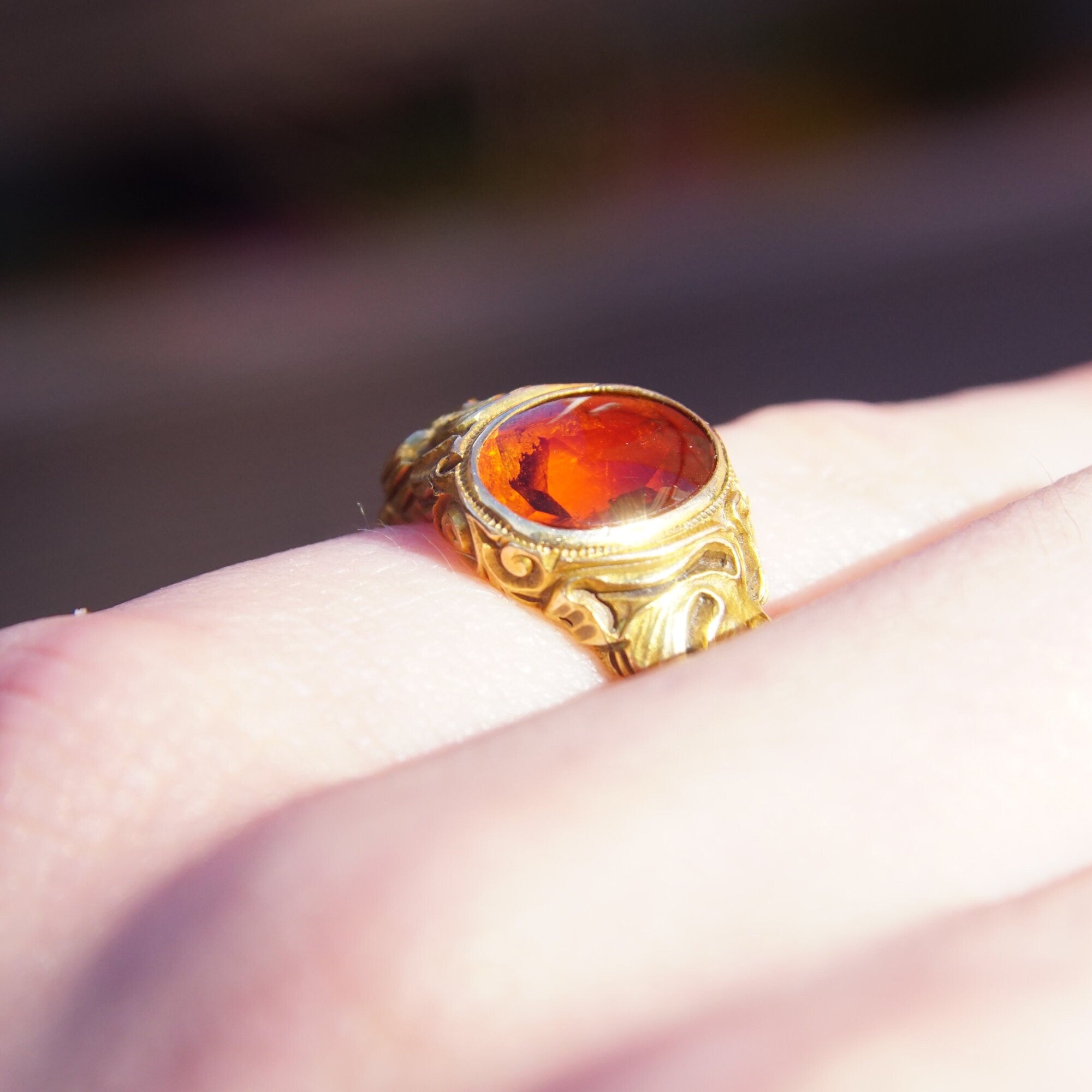 Art Nouveau Citrine Ring In 14k Yellow Gold, Gold Leaf Motifs, Amber Citrine Signet Ring, Estate Jewelry, 5 1/2 US