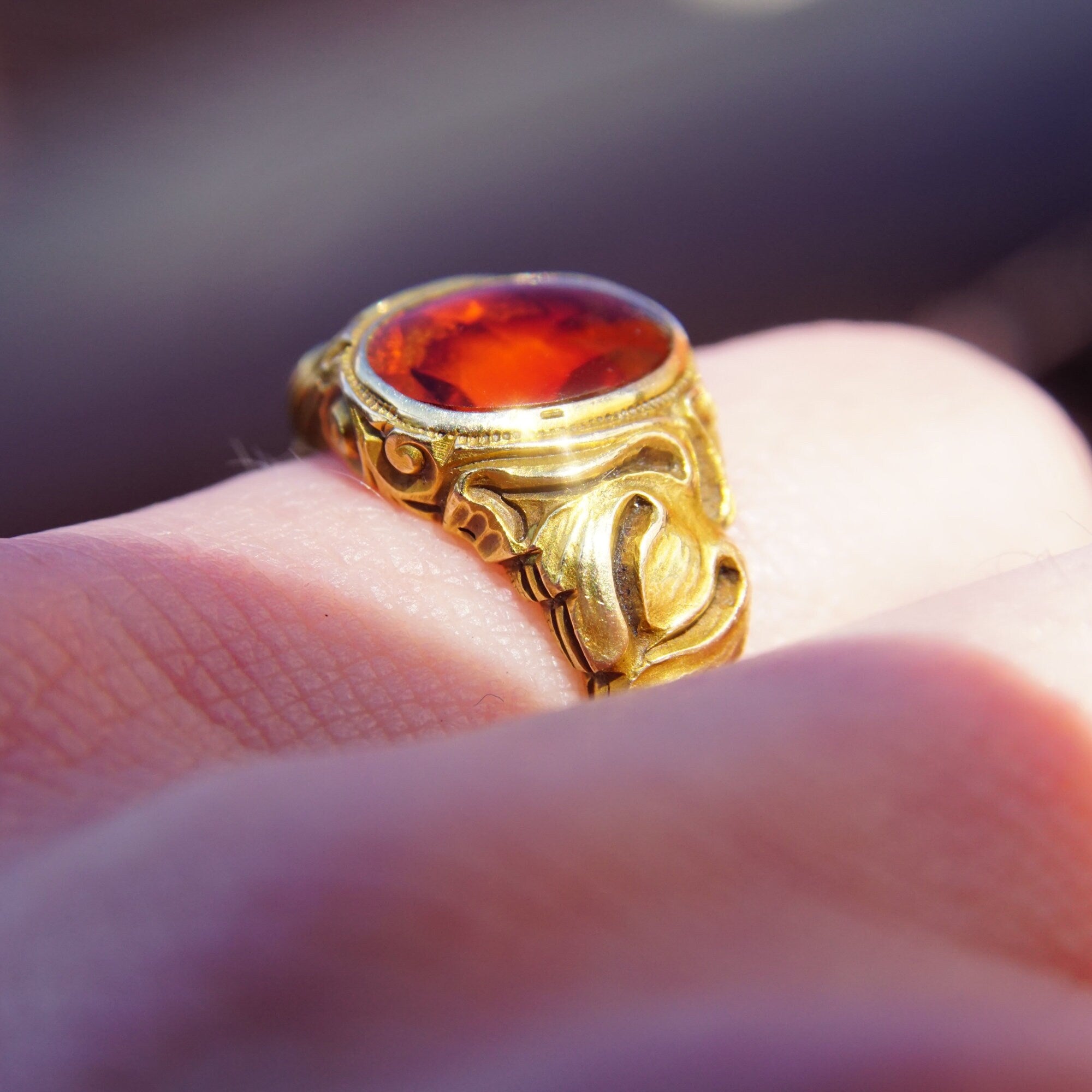 Art Nouveau Citrine Ring In 14k Yellow Gold, Gold Leaf Motifs, Amber Citrine Signet Ring, Estate Jewelry, 5 1/2 US