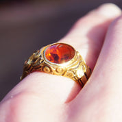 Art Nouveau Citrine Ring In 14k Yellow Gold, Gold Leaf Motifs, Amber Citrine Signet Ring, Estate Jewelry, 5 1/2 US