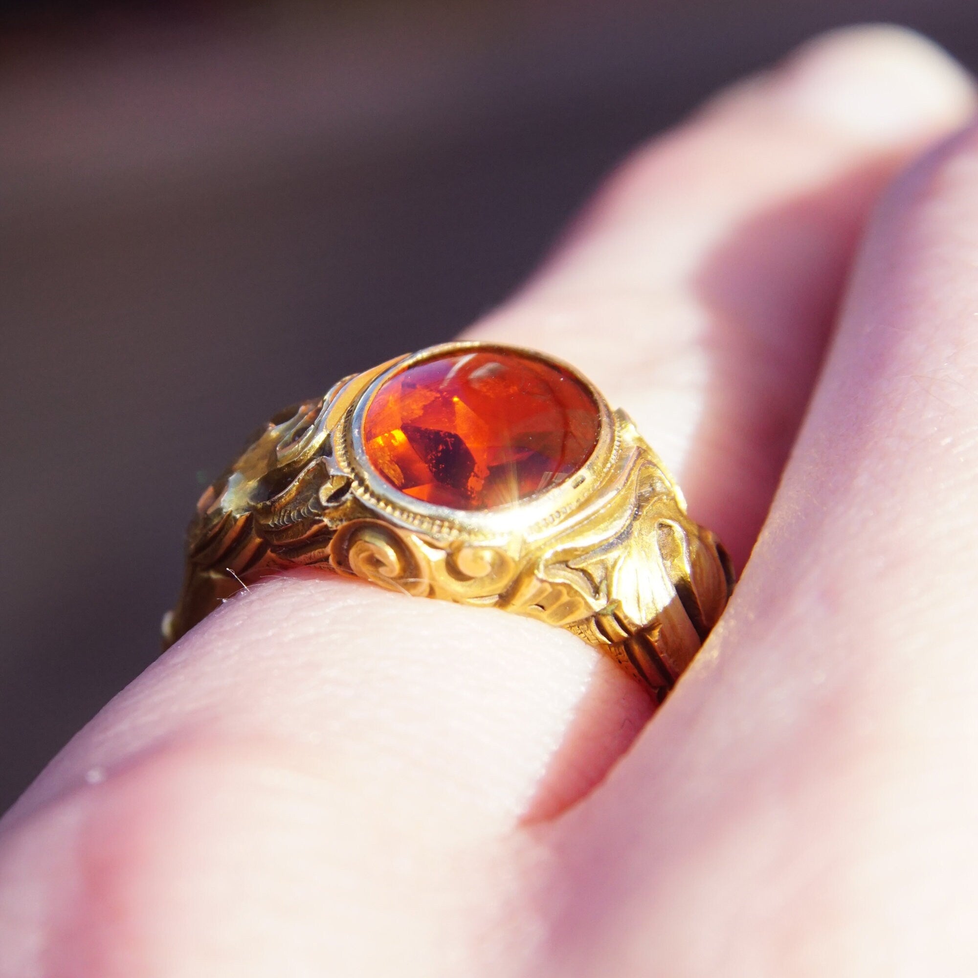 Art Nouveau Citrine Ring In 14k Yellow Gold, Gold Leaf Motifs, Amber Citrine Signet Ring, Estate Jewelry, 5 1/2 US