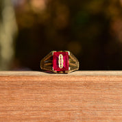 Estate 10K Gold Inlay Red Spinel Signet Ring, Engraved Yellow Gold Setting, Bevel-Cut Gemstone, Size 9 1/2 US