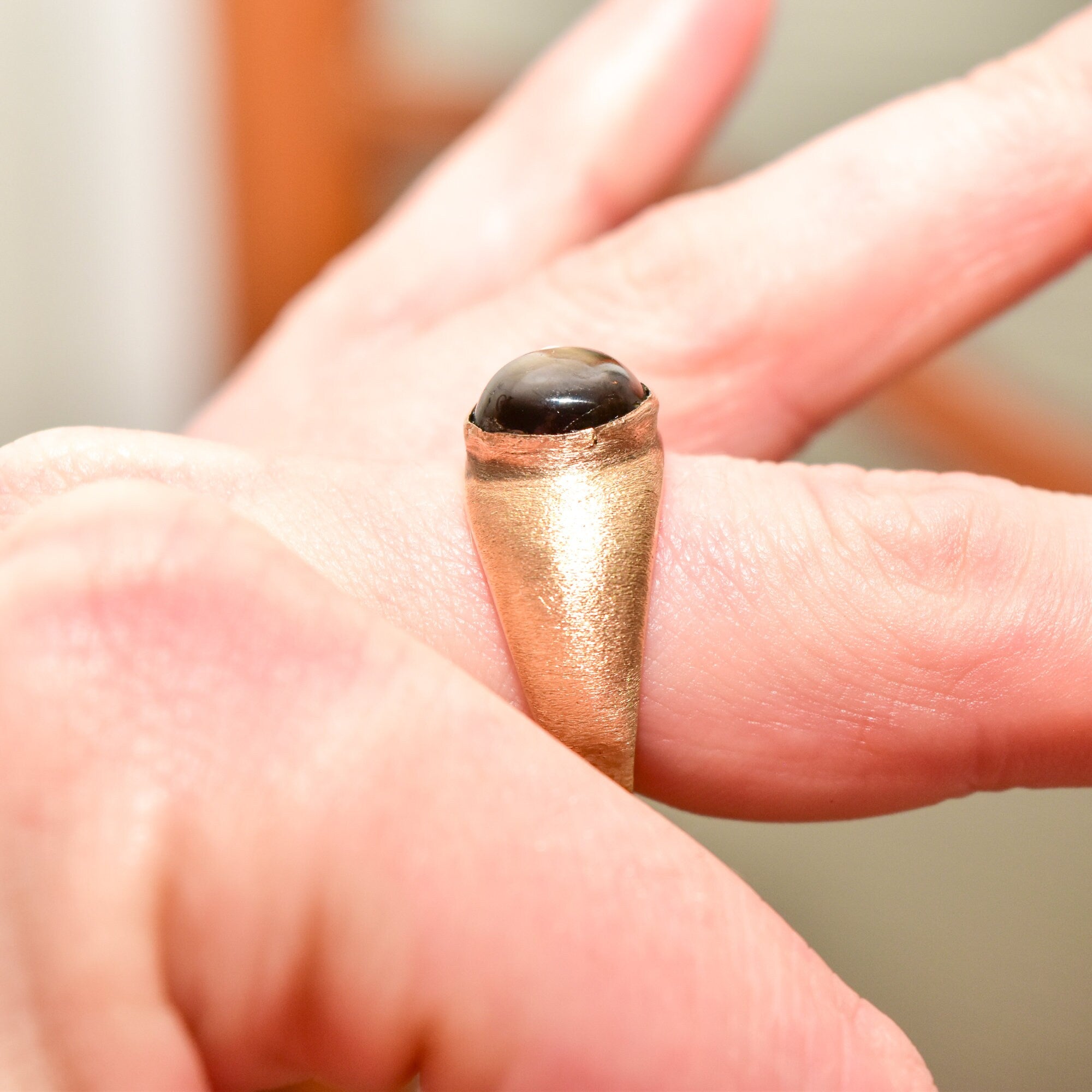 14K Black Star Sapphire Ring In Satin Yellow Gold, Men's Pinky Ring, Gemstone Asterism, Estate Jewelry, 8 3/4 US
