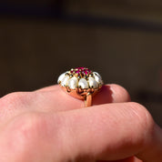14K Pink Ruby Pearl Cluster Ring In Yellow Gold, Flower Dome Bombe Ring, Estate Jewelry, Size 9 US