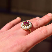 14K Pink Ruby Pearl Cluster Ring In Yellow Gold, Flower Dome Bombe Ring, Estate Jewelry, Size 9 US