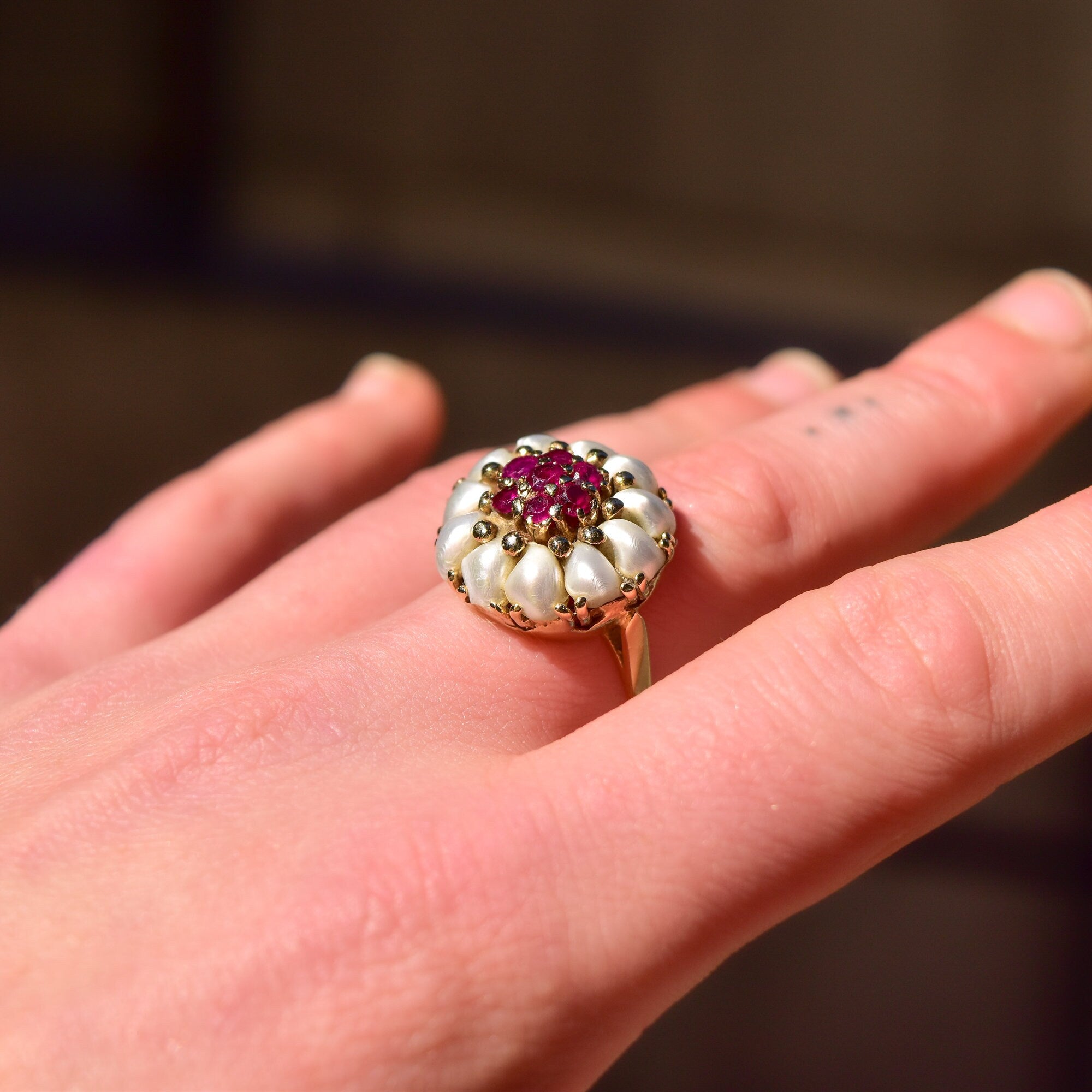 14K Pink Ruby Pearl Cluster Ring In Yellow Gold, Flower Dome Bombe Ring, Estate Jewelry, Size 9 US