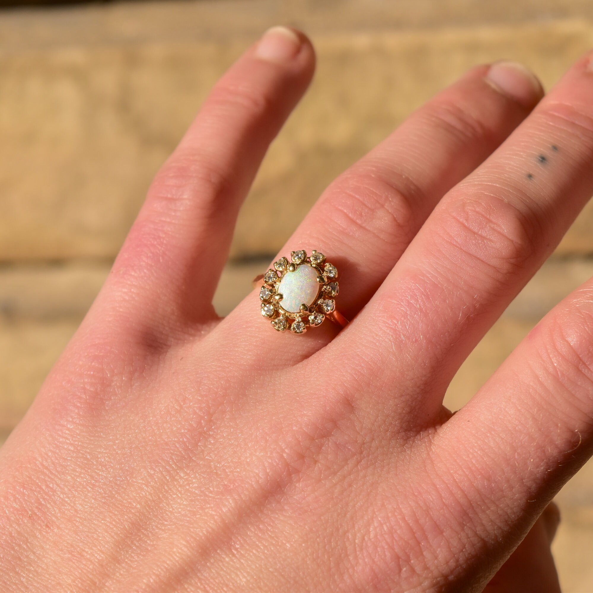Estate 10K White Opal Diamond Halo Engagement Ring, Yellow Gold Cocktail Ring, October Birthstone, Size 7 US