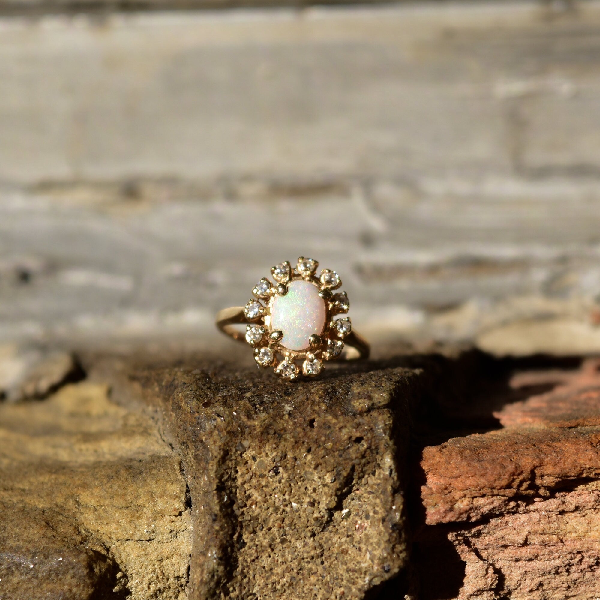 Estate 10K White Opal Diamond Halo Engagement Ring, Yellow Gold Cocktail Ring, October Birthstone, Size 7 US