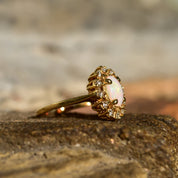 Estate 10K White Opal Diamond Halo Engagement Ring, Yellow Gold Cocktail Ring, October Birthstone, Size 7 US