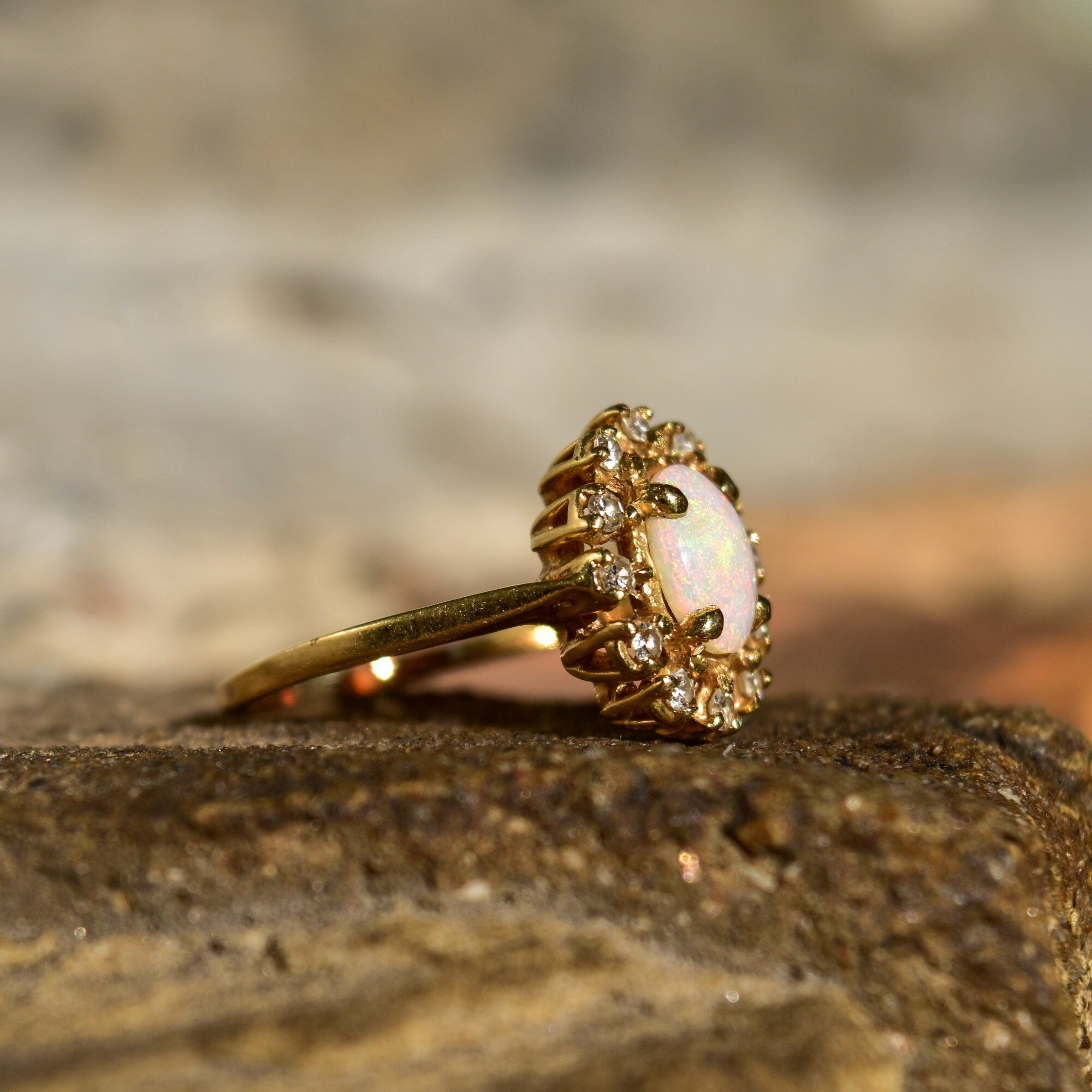 Estate 10K White Opal Diamond Halo Engagement Ring, Yellow Gold Cocktail Ring, October Birthstone, Size 7 US