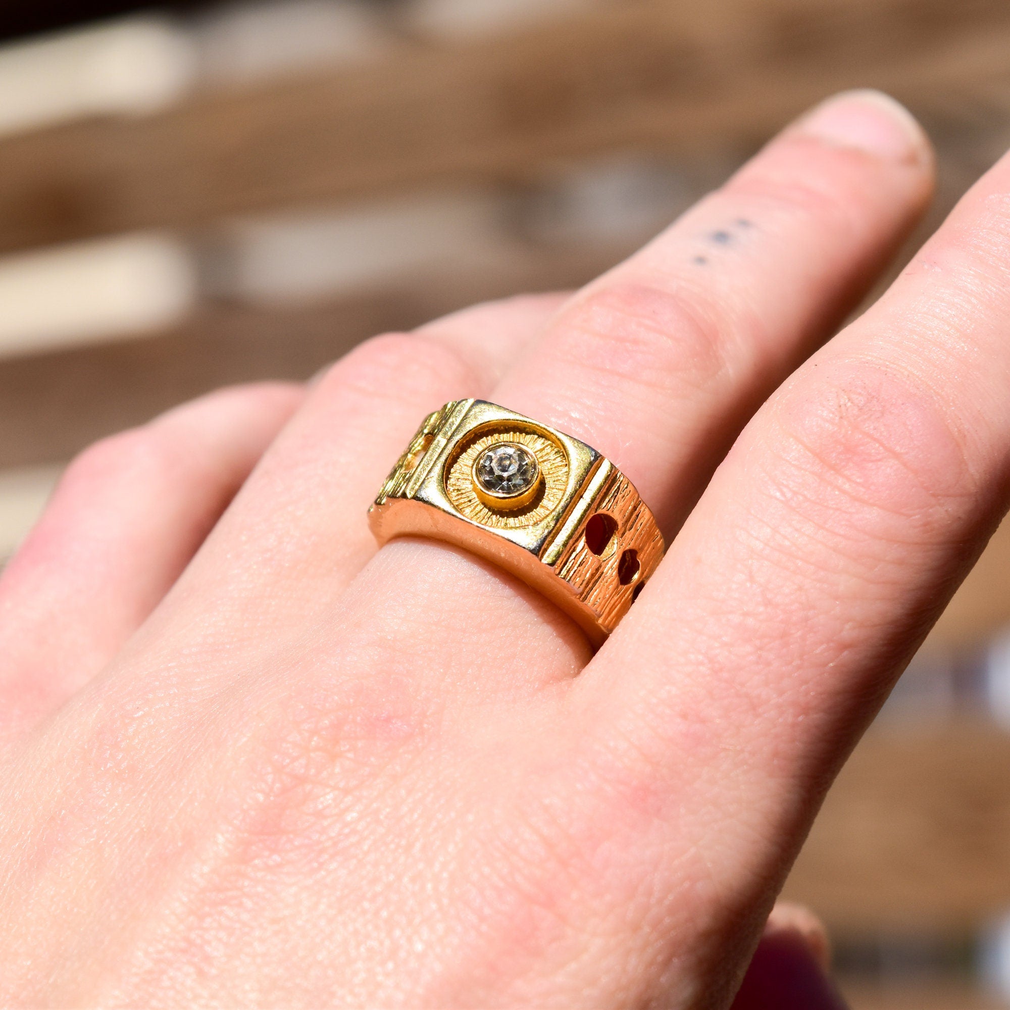 Modernist 18K H.G.E Diamond Signet Ring, Chunky Textured Yellow Gold Ring W/ Circle Cutouts, Size 9 US