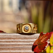 Modernist 18K H.G.E Diamond Signet Ring, Chunky Textured Yellow Gold Ring W/ Circle Cutouts, Size 9 US