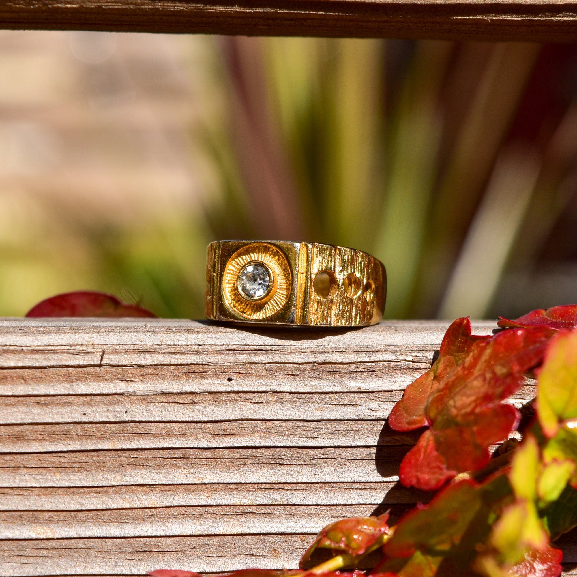 Modernist 18K H.G.E Diamond Signet Ring, Chunky Textured Yellow Gold Ring W/ Circle Cutouts, Size 9 US