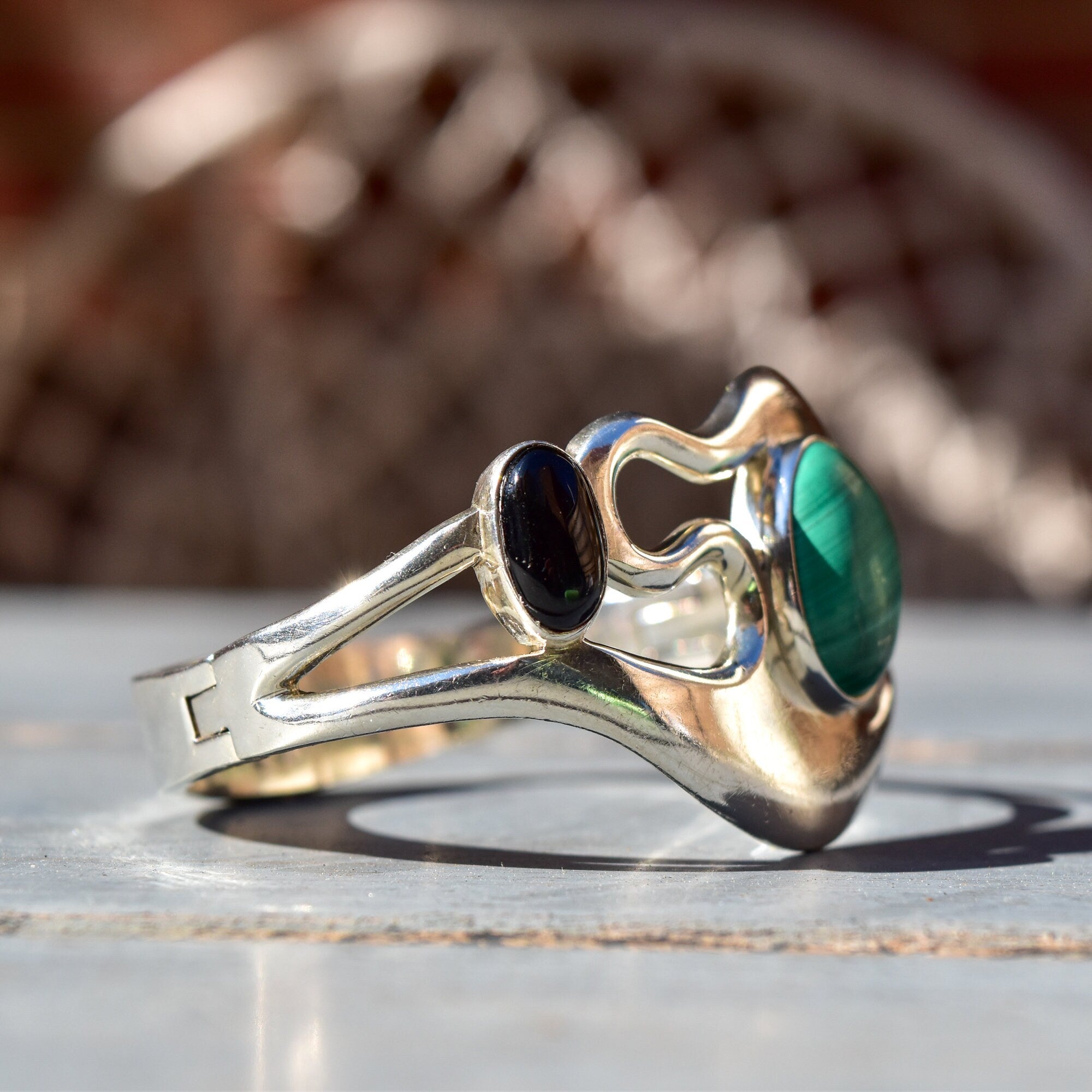 Modernist TAXCO Alicia Mexico 950 Sterling Silver Malachite Black Onyx Choker Necklace & Matching Cuff Bracelet