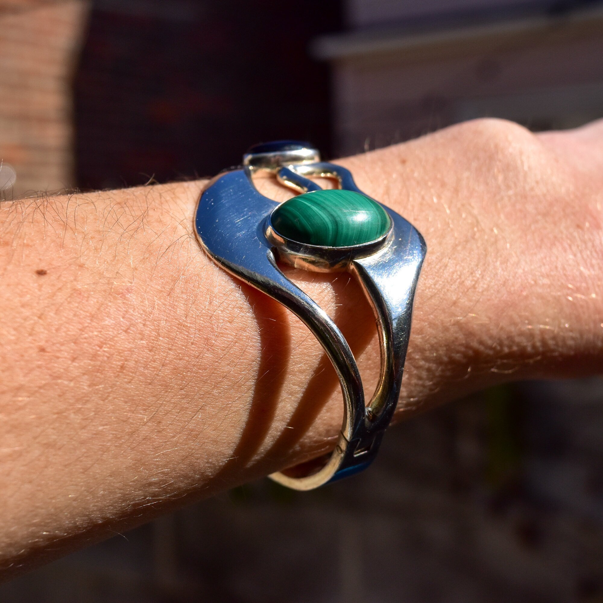Modernist TAXCO Alicia Mexico 950 Sterling Silver Malachite Black Onyx Choker Necklace & Matching Cuff Bracelet