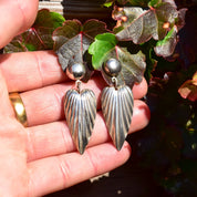 Elegant Sterling Silver Ribbed Dangle Earrings, Wing/Feather Motif, Lightweight, Vintage Earrings, 48mm