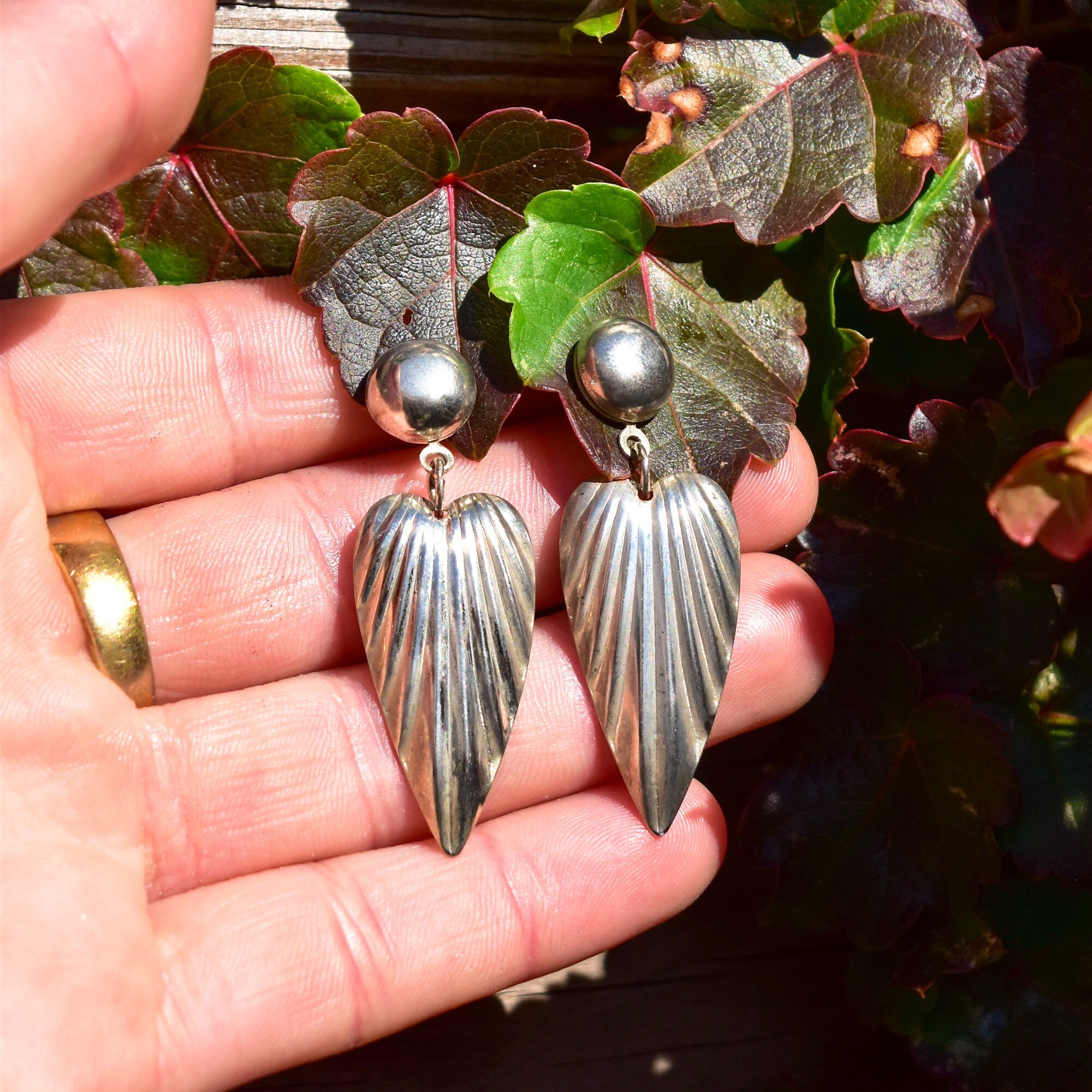 Elegant Sterling Silver Ribbed Dangle Earrings, Wing/Feather Motif, Lightweight, Vintage Earrings, 48mm