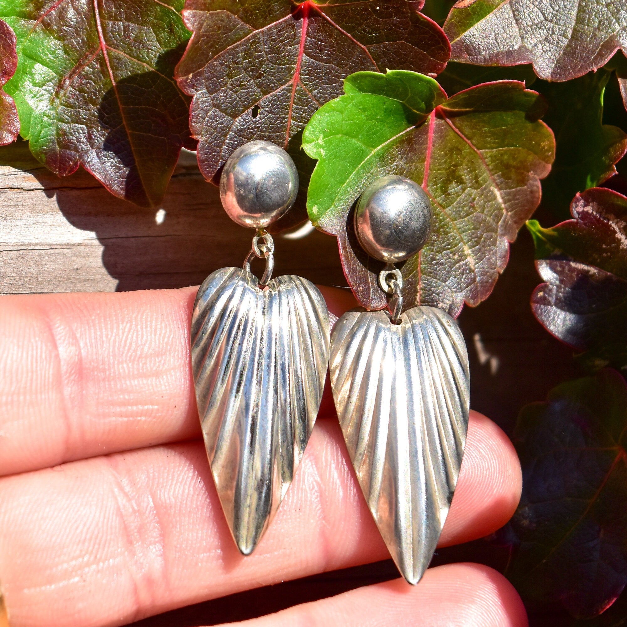 Elegant Sterling Silver Ribbed Dangle Earrings, Wing/Feather Motif, Lightweight, Vintage Earrings, 48mm