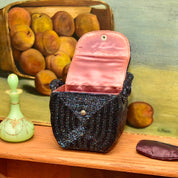 1940's Bugle Bead Box Purse W/ Matching Top-Handle Strap, Rose Gold Satin Lining & Coin Purse