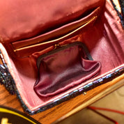 1940's Bugle Bead Box Purse W/ Matching Top-Handle Strap, Rose Gold Satin Lining & Coin Purse