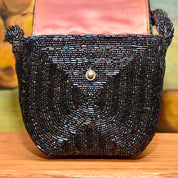 1940's Bugle Bead Box Purse W/ Matching Top-Handle Strap, Rose Gold Satin Lining & Coin Purse