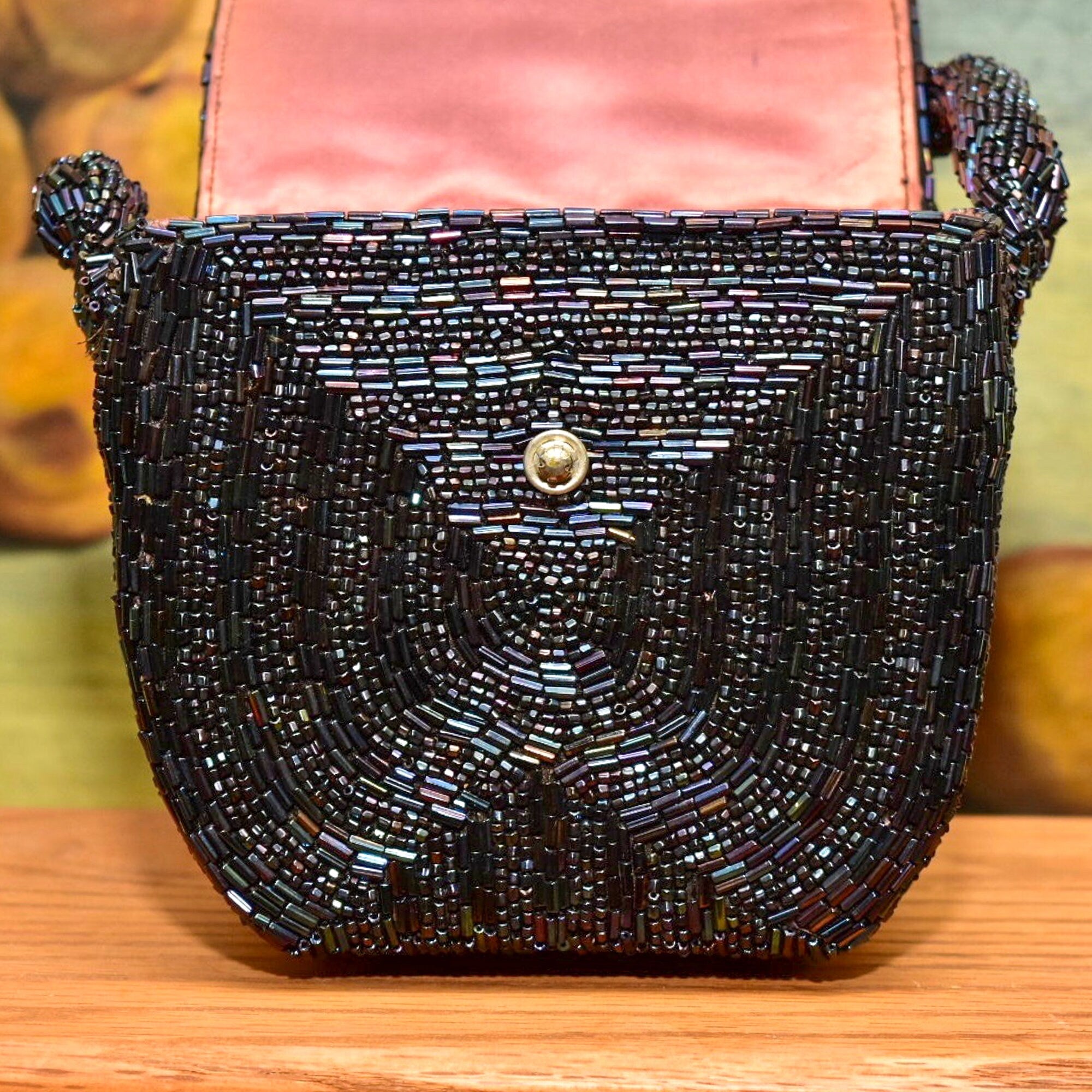 1940's Bugle Bead Box Purse W/ Matching Top-Handle Strap, Rose Gold Satin Lining & Coin Purse