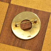 Modernist 14K Textured Circle Brooch Pin, Flat Yellow Gold Open Circle, Crosshatch Texturing, 1 1/4" Diameter