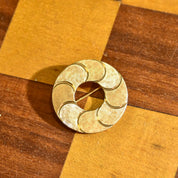 Modernist 14K Textured Circle Brooch Pin, Flat Yellow Gold Open Circle, Crosshatch Texturing, 1 1/4" Diameter
