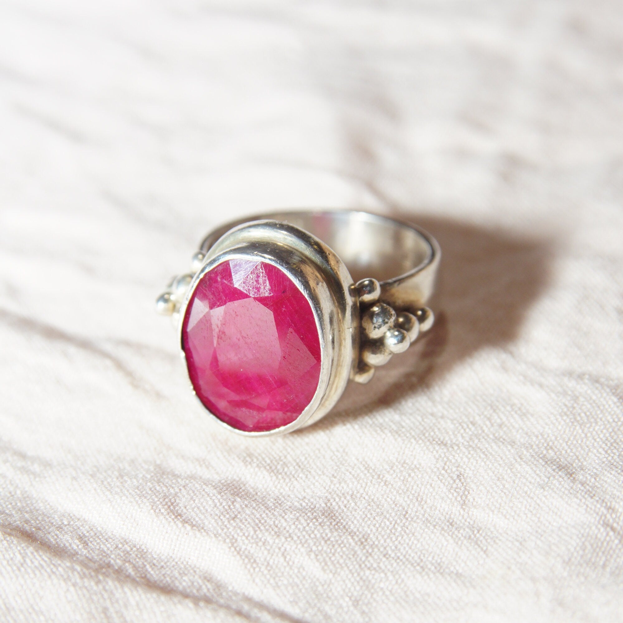 Bohemian Sterling Silver Indian Ruby Ring, Faceted Pink Gemstone, Chunky Silver Ring, 925 Jewelry, Size 6 1/4 US