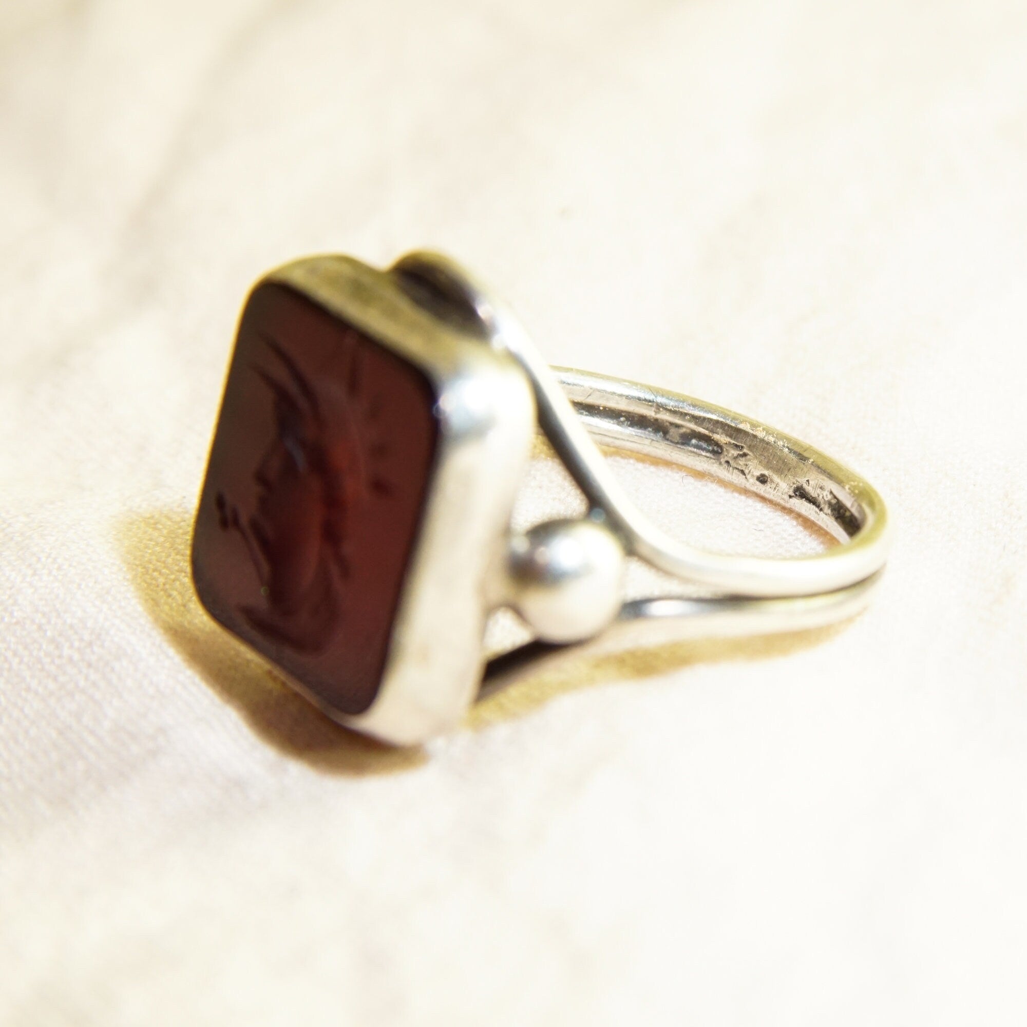 Sterling silver men's pinky ring with black agate carved Roman warrior cameo intaglio seal, size 6 US