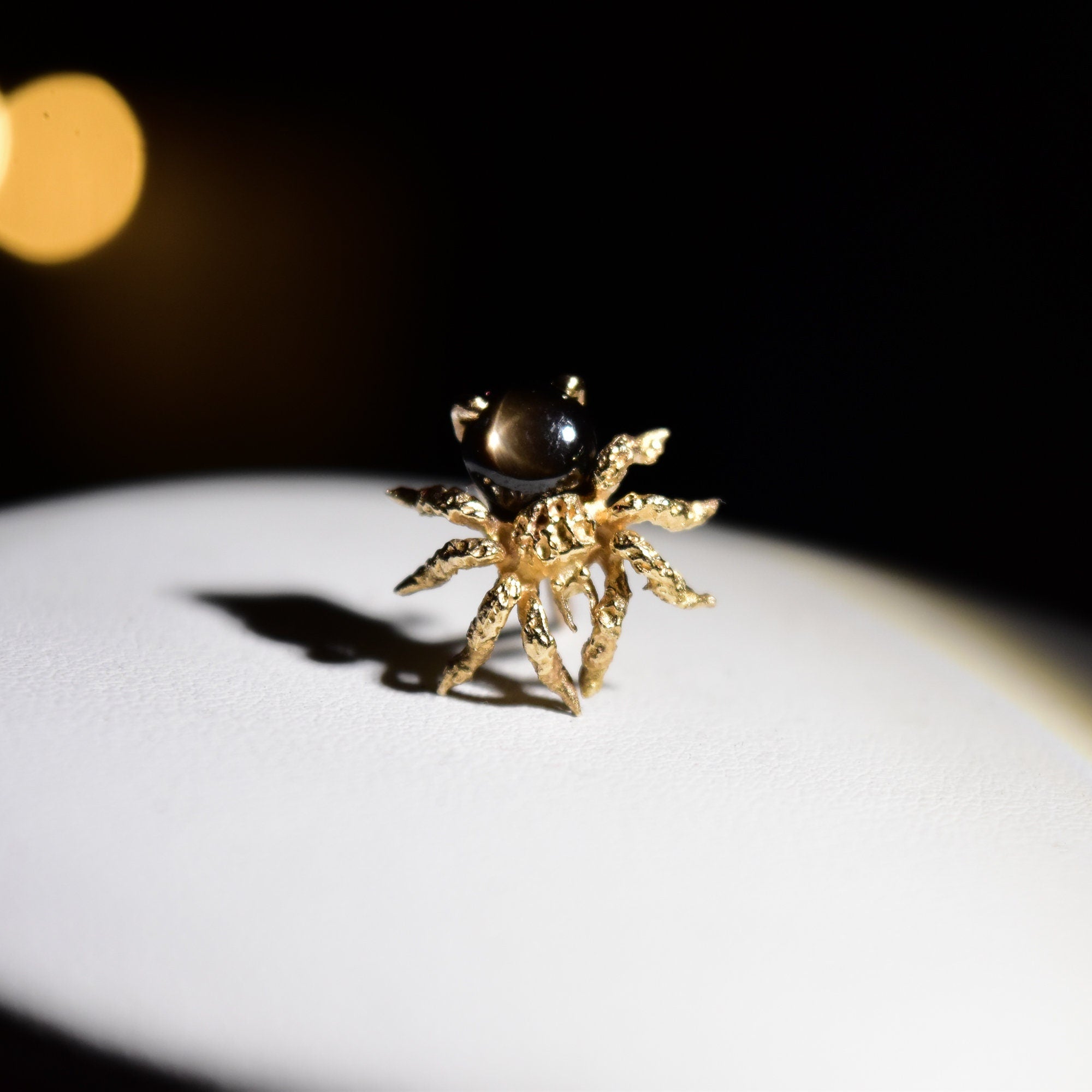 Black Star Sapphire Spider Tie Tack In 14K Yellow Gold, Gemstone Cabochon, Vintage Lapel Pin, 15mm