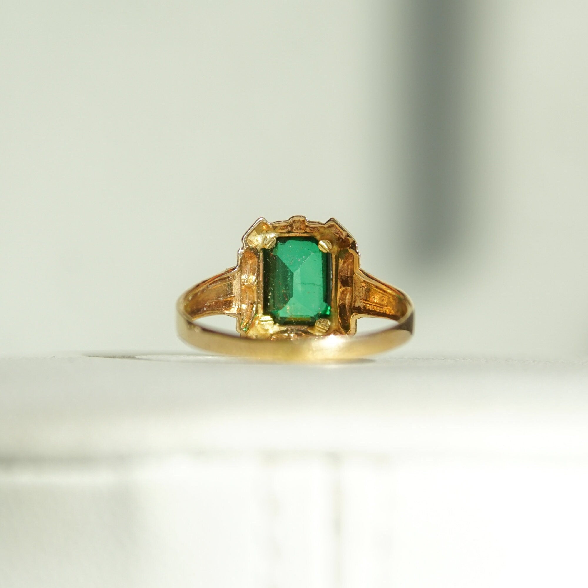 Mid-Century 10K Emerald Ring, Petite Yellow Gold Ring, Emerald-Cut Gemstone, Pinky Ring, Estate Jewelry, 4 1/4 US