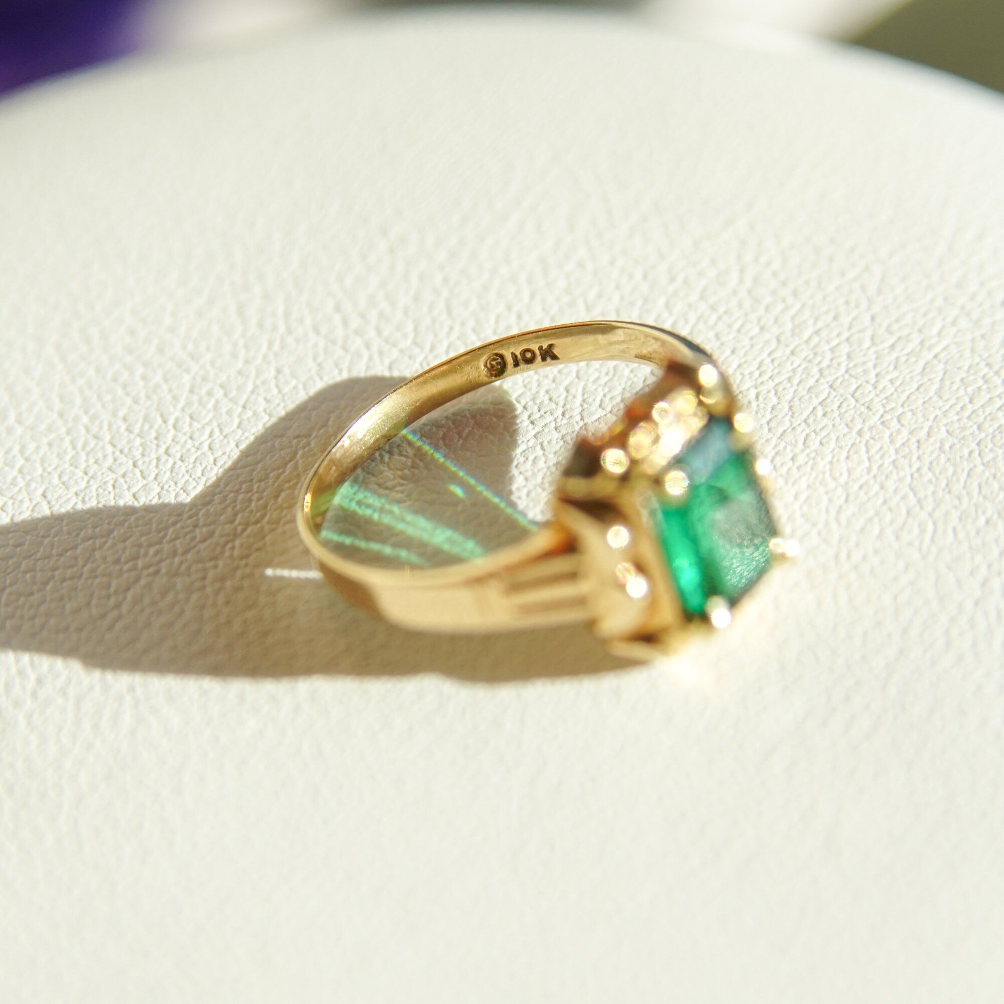 Mid-Century 10K Emerald Ring, Petite Yellow Gold Ring, Emerald-Cut Gemstone, Pinky Ring, Estate Jewelry, 4 1/4 US